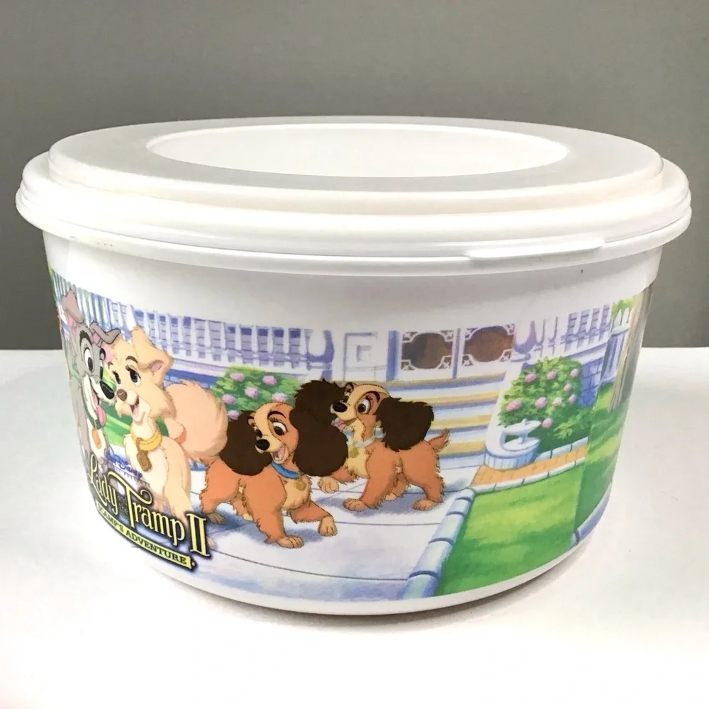 Vintage 2000 Disney Lady & The Tramp II Popcorn Container Snack Bowl Lid Kellogg